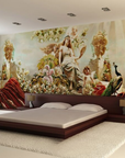 A classic fresco mural featuring blooming flowers, peacocks, cherubs, and a serene central figure on vibrant crimson drapery, handcrafted with Italian plaster. Featured in the wall of a modern design bedroom