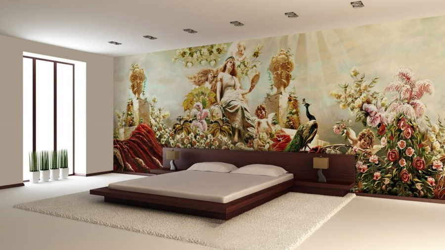 A classic fresco mural featuring blooming flowers, peacocks, cherubs, and a serene central figure on vibrant crimson drapery, handcrafted with Italian plaster. Featured in the wall of a modern design bedroom