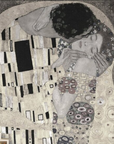 A fresco mural of Gustav Klimt’s The Kiss in subtle monochromatic tones, featuring an intricate blend of patterns and crafted with Italian plaster for a luxurious finish.