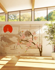 A fresco mural of cherry blossoms, traditional Japanese pagodas, and a red sun, crafted with Italian expertise using Carrara marble and Roman travertine powders. Featured on a wall of a glass house