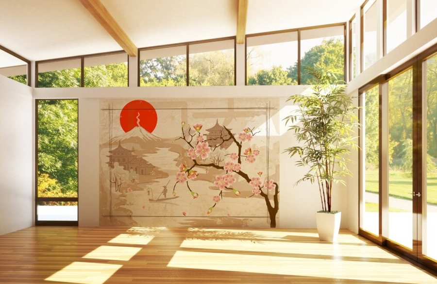 A fresco mural of cherry blossoms, traditional Japanese pagodas, and a red sun, crafted with Italian expertise using Carrara marble and Roman travertine powders. Featured on a wall of a glass house