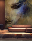 A handcrafted Italian fresco mural featuring abstract art with delicate textures and emotive hues, made with Carrara marble and Roman travertine powders. Featured on a double height living room wall