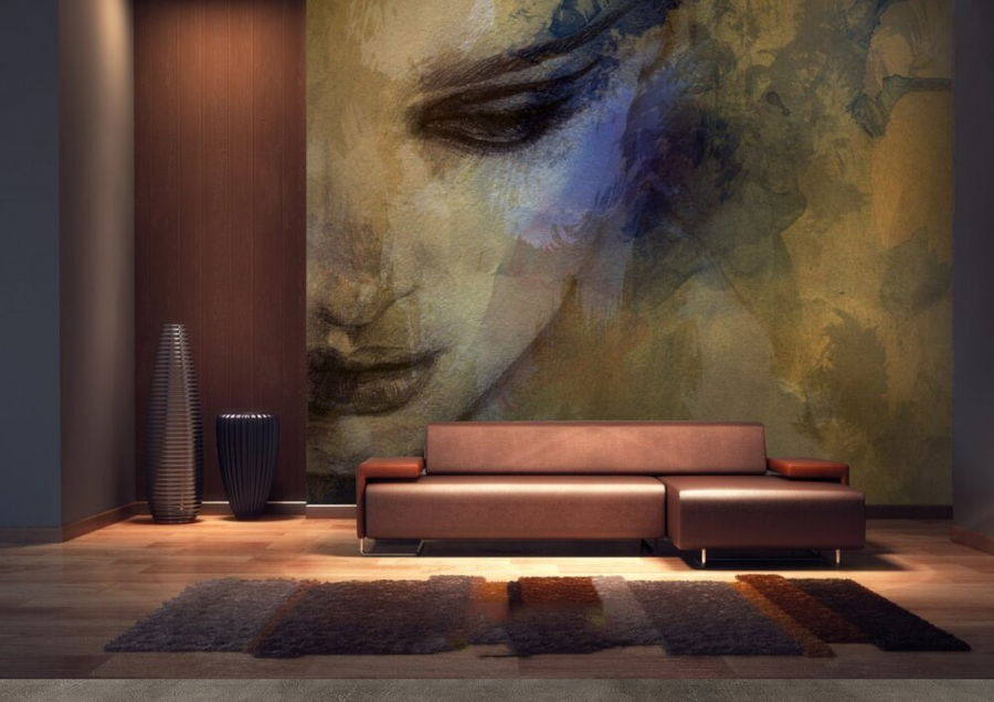 A handcrafted Italian fresco mural featuring abstract art with delicate textures and emotive hues, made with Carrara marble and Roman travertine powders. Featured on a double height living room wall