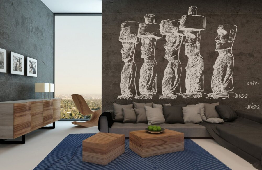 Hand-drawn sketches of Moai statues from Easter Island on an Italian fresco mural, crafted with Carrara marble and Roman travertine for an authentic ancient texture. Featured on the wall of a modern living room 