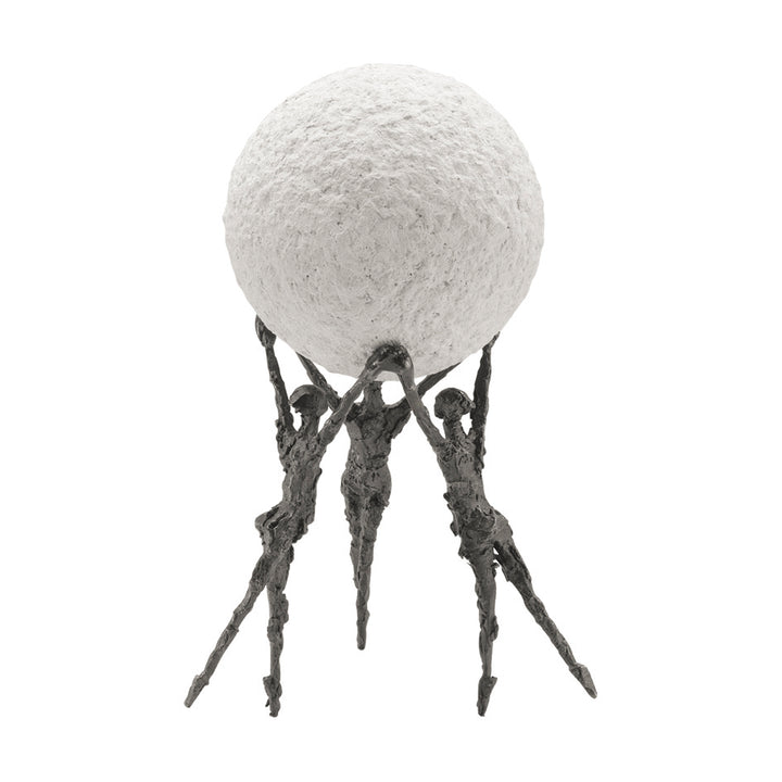 Statue of three figures lifting a large stone on a white background