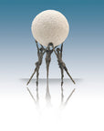 Statue of three figures supporting a large sphere on a reflective surface with a gradient background