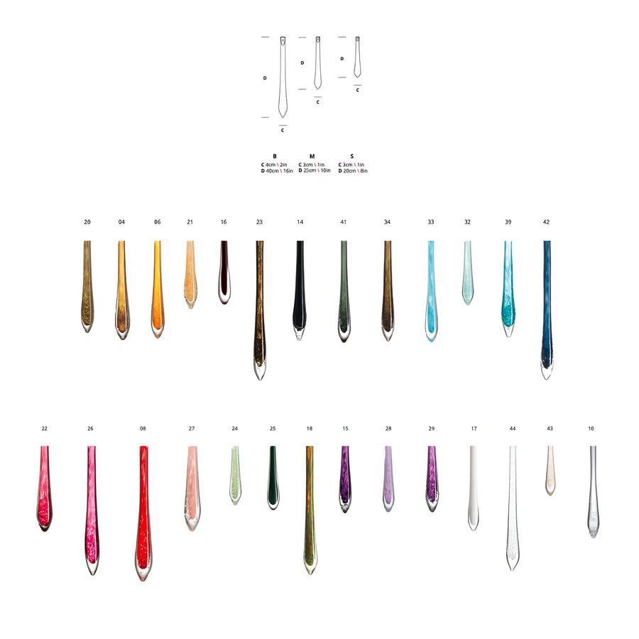 Color swatch chart with various colored water drop shaped glass from Serip on a white background