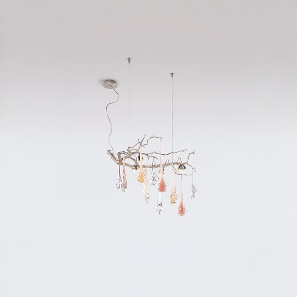 Modern chandelier with colorful glass bulbs on a white background