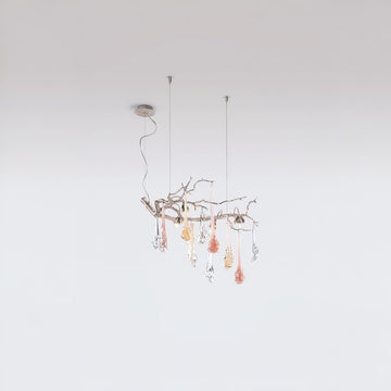 Modern chandelier with colorful glass bulbs on a white background