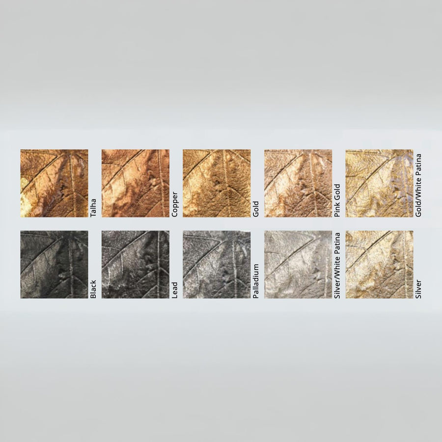 Color swatches of metallic finishes on a white background for Folio collection lights from Serip