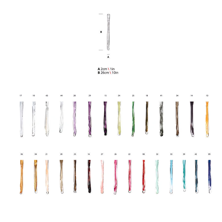 Set of colorful icicle shape glass with size measurements on a white background from Serip's Glamour collection