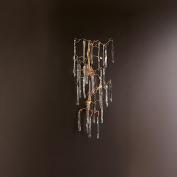 Wall light with glass in shape of icicles hanging from golden colour branches