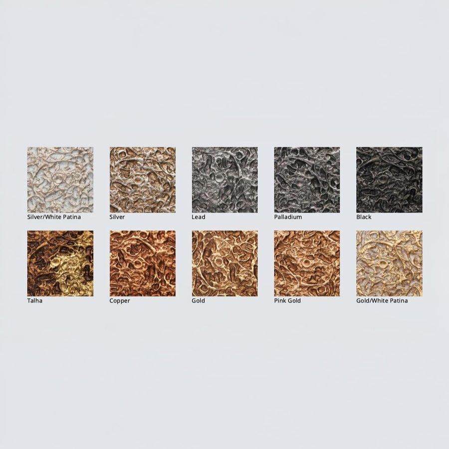 Color swatches of metal finishes including Silver, Lead, Palladium, Black, Tarnish, Copper, Gold, Pink Gold, and Gold-White Patina on a light gray background.