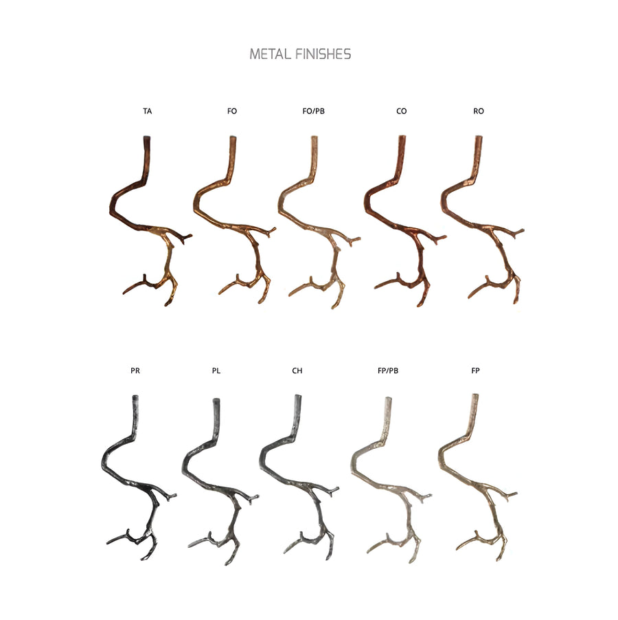 Illustrations of metal finishes of Serip chandeliers on a white background