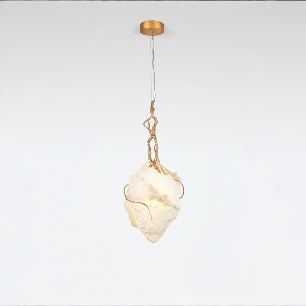 Pendant light with marble and gold finish metal fixture on a white background
