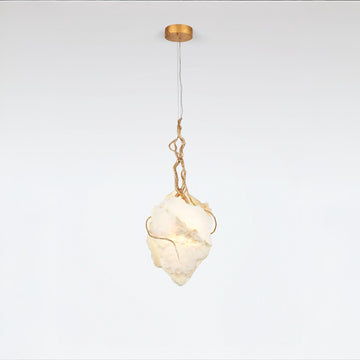 Pendant light with marble and gold finish metal fixture on a white background