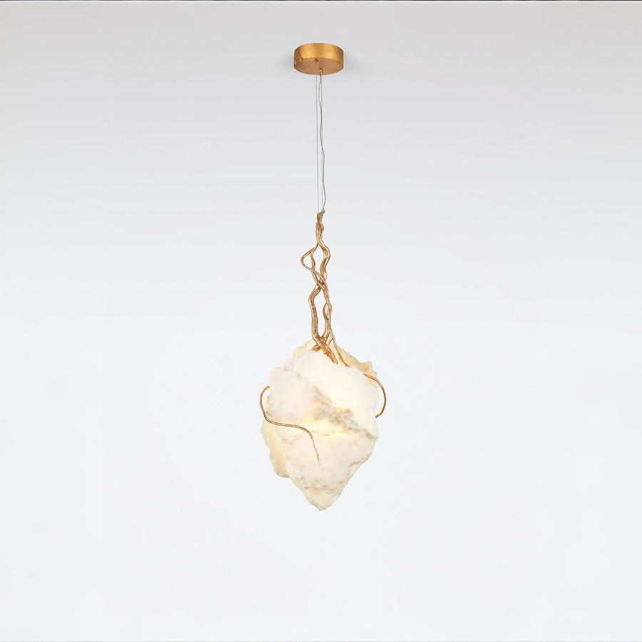 Pendant light with marble and gold finish metal fixture on a white background