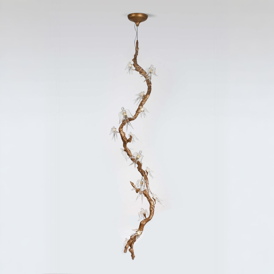Chandelier with a natural branch design and Voa birds on a white background