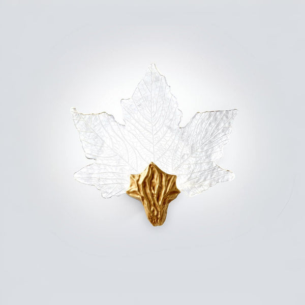 A sculpture wall light with glass and metal accent on a light white colour background. 
