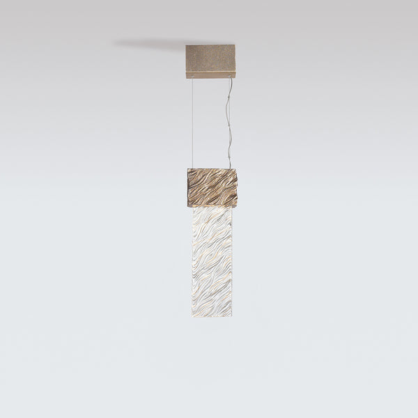 Modern pendant light with geometric design on a white background