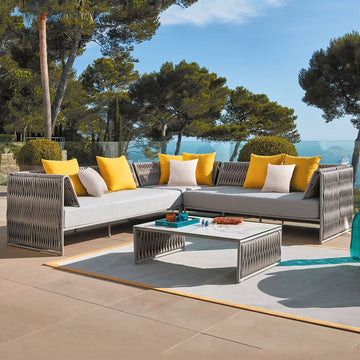Sifas Kalife collection of sofa seating with a coffee table with accessories at home exterior available at Spacio India for luxury home Outdoor Furniture decor collection