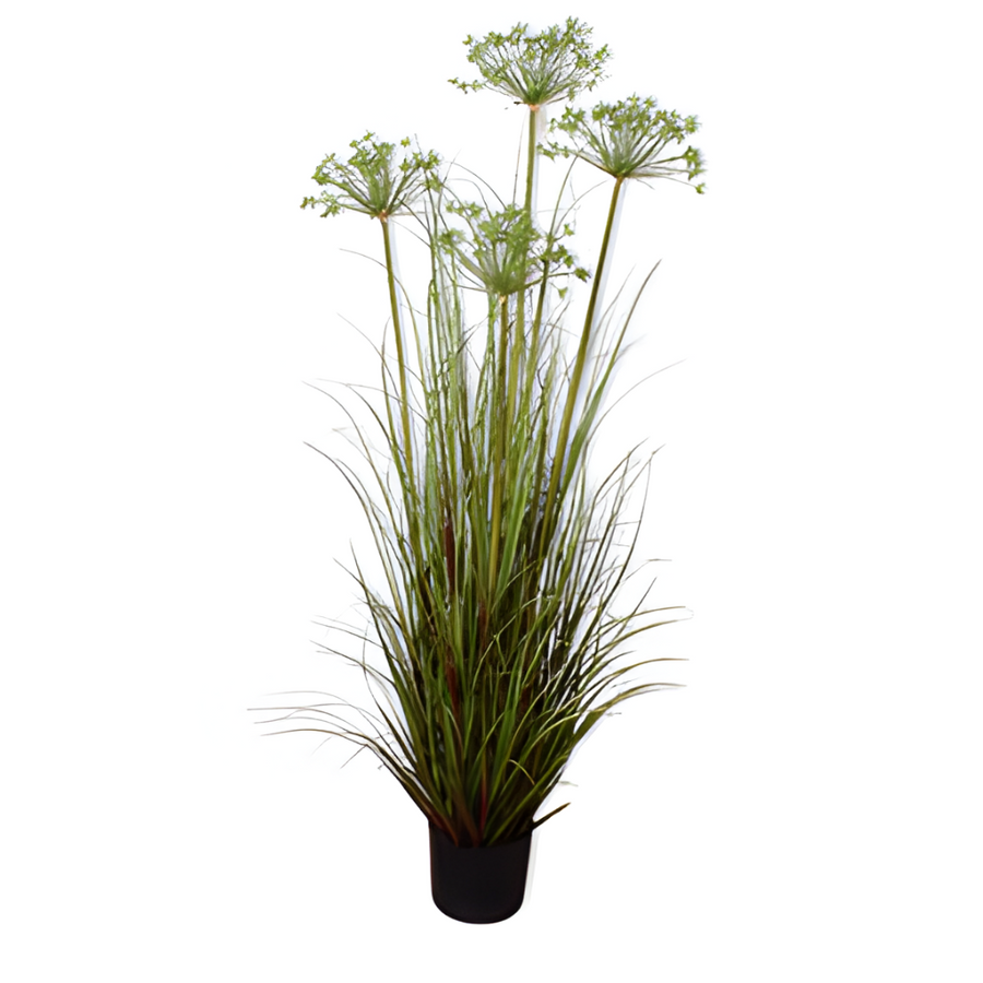 Artificial plant with green leaves and small white flowers in a pot on a white background by Silk-ka available at Spacio retail stores in Mumbai & Kolkata.  