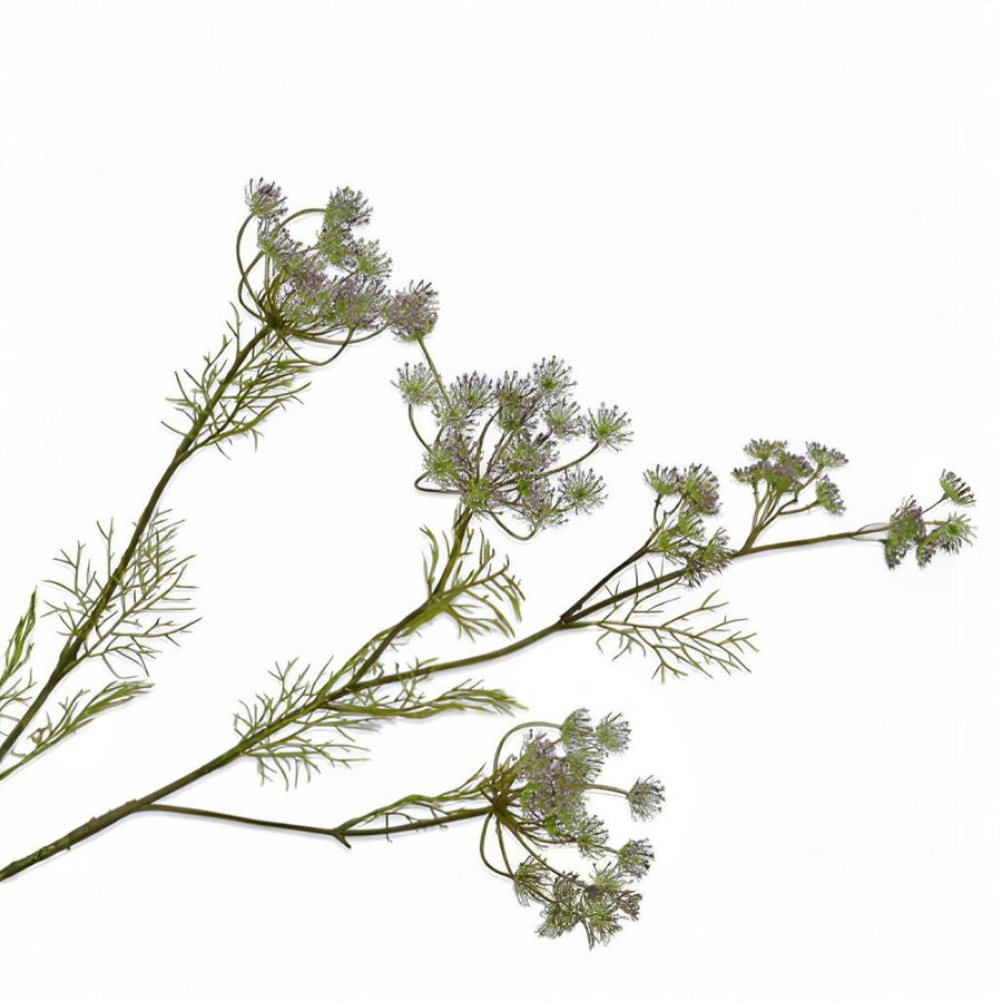 Artificial dill plant branch with green leaves and small purple flowers on a white background by Silk-ka available at Spacio retail stores in Mumbai & Kolkata. 