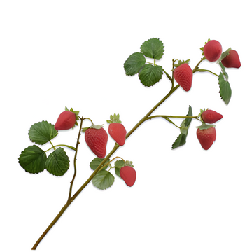 Artificial strawberry branch with red strawberries and green leaves on a white background by Silk-ka available at Spacio retail stores in Mumbai & Kolkata.  