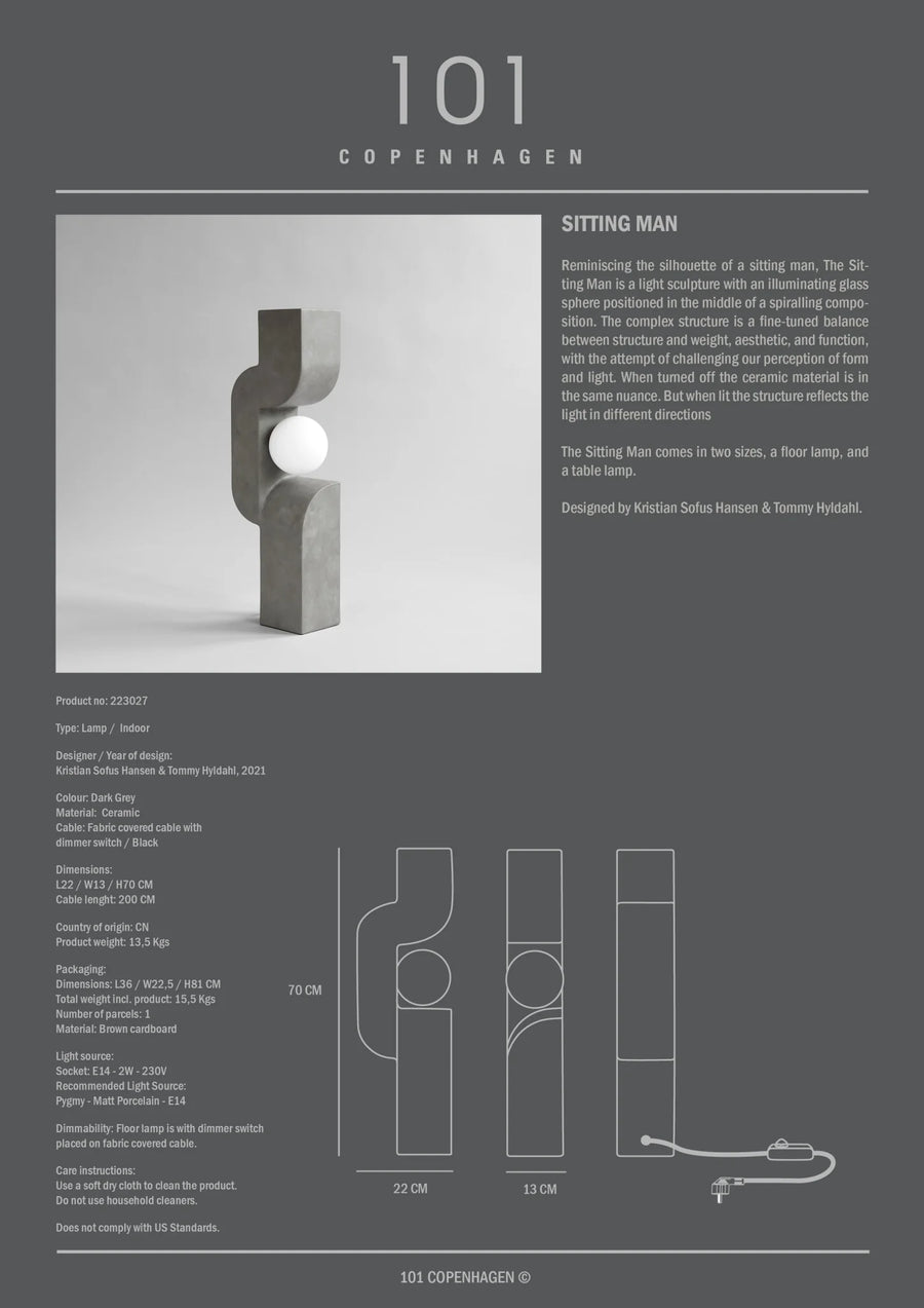 Product description card for a sculpture titled 'Sitting Man' by 101 Copenhagen, featuring text and dimensions.