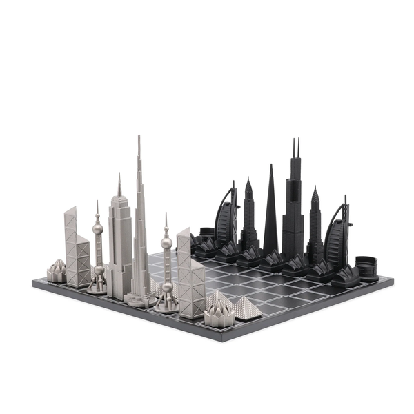 Skyline Chess Steel World Icons Hatch Board Set featuring stainless steel chess pieces inspired by global landmarks. Available at Spacio India.