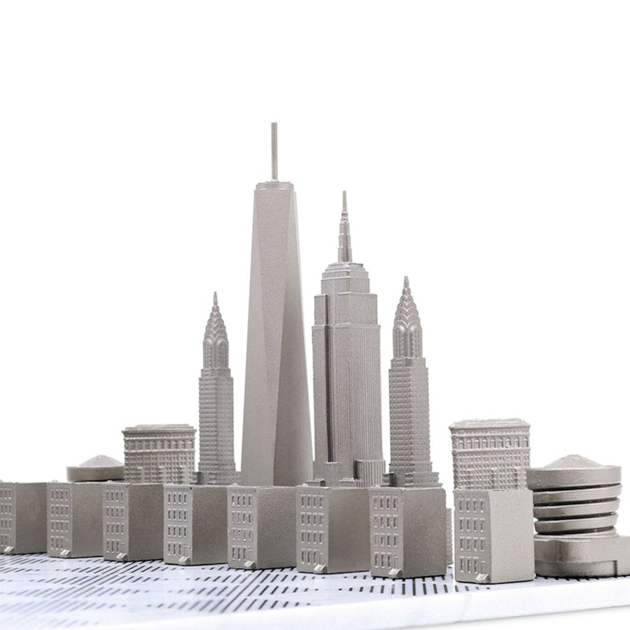 Close up of New York Skyline Chess Steel 2 City New York San Francisco on Carrara Marble Board available at Spacio India