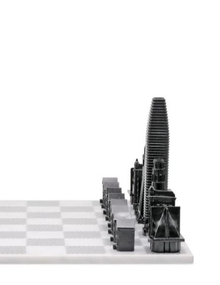 Close up of San Francisco Skyline Chess Steel 2 City New York San Francisco on Carrara Marble Board available at Spacio India
