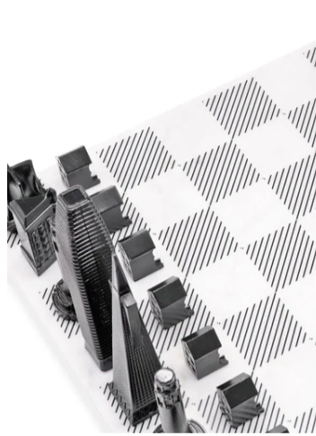 Close up of San Francisco Skyline Chess Steel 2 City New York San Francisco on Carrara Marble Board available at Spacio India