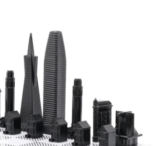 Close up of San Francisco Skyline Chess Steel 2 City New York San Francisco on Carrara Marble Board available at Spacio India