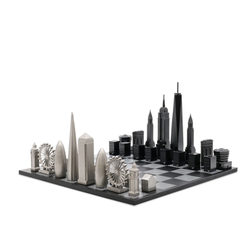 Skyline Chess Steel 2 City London vs New York Hatch Board - A luxury chess set featuring stainless steel hand-cast pieces of iconic London and New York landmarks. Available at Spacio India.