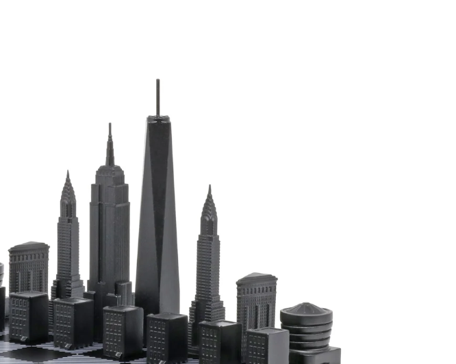 New York skyline chess pieces in Skyline Chess Steel 2 City London New York Hatch Board, featuring Empire State Building, Chrysler Building, and One World Trade Center, available at Spacio India.