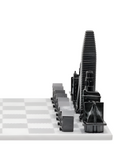 Close up of San Francisco Skyline Chess Steel 2 City New York San Francisco on Carrara Marble Board available at Spacio India