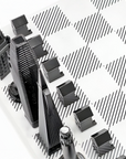 Close up of San Francisco Skyline Chess Steel 2 City New York San Francisco on Carrara Marble Board available at Spacio India