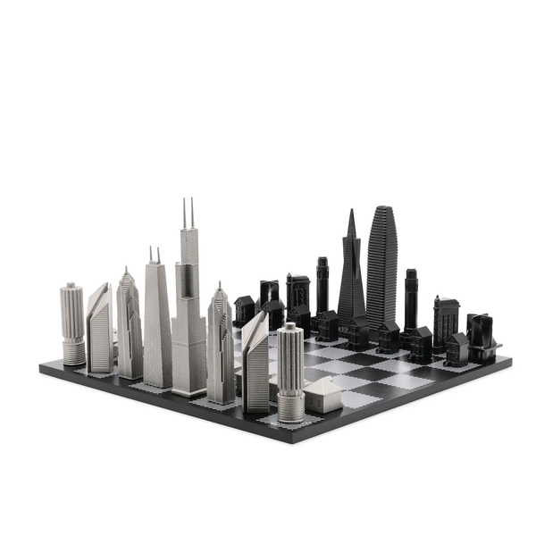 Skyline Chess Steel 2 City San Francisco vs. Chicago Hatch Board, featuring hand-printed wooden or Italian Carrara marble board, available at Spacio India.