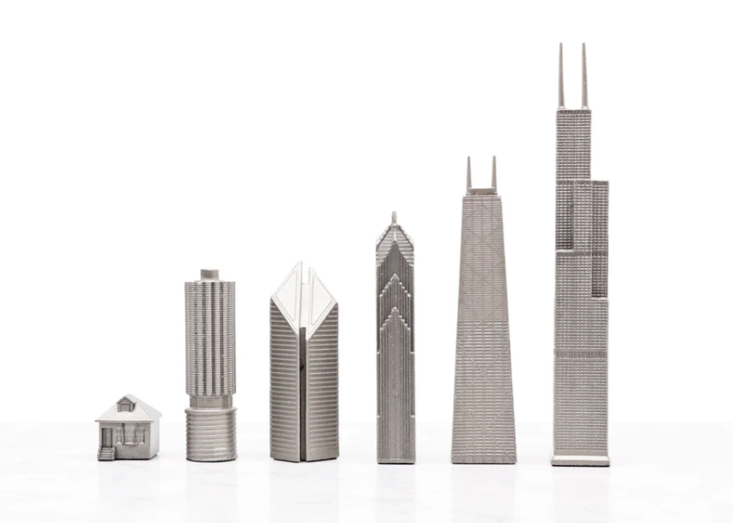 Chicago skyline chess pieces in Skyline Chess Steel 2 City San Francisco Chicago Hatch Board, featuring Willis Tower and John Hancock Center, available at Spacio India.