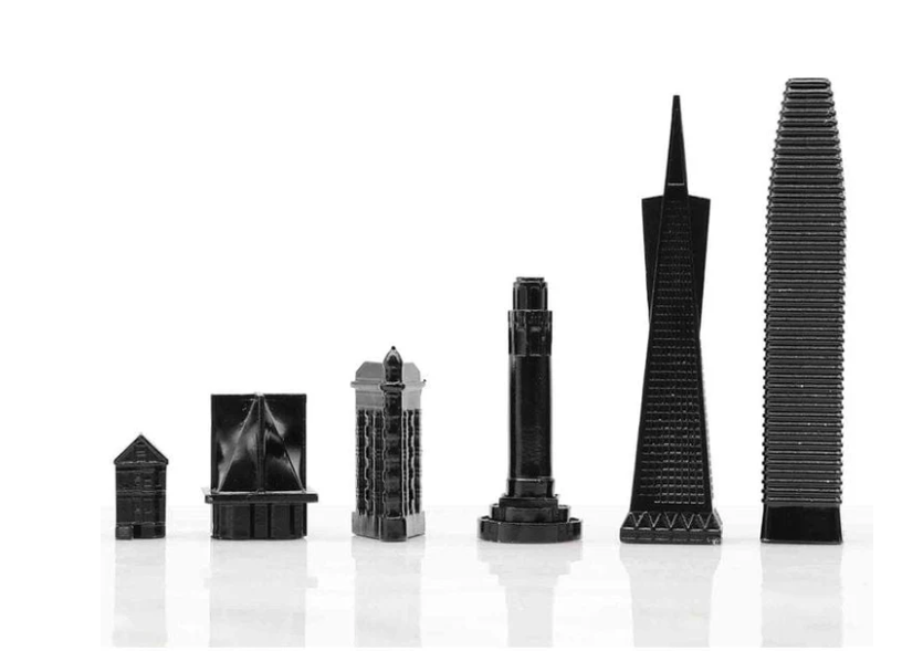 San Francisco skyline chess pieces in Skyline Chess Steel 2 City San Francisco Chicago Hatch Board, featuring Transamerica Pyramid and Salesforce Tower, available at Spacio India.