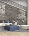 A handcrafted fresco artwork depicting intricate classic Italian architectural details, made with Carrara marble and Roman travertine powder in a luxury modern and contemporary theme living room