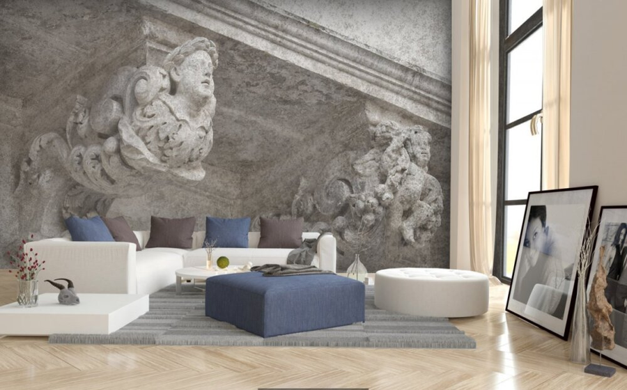 A handcrafted fresco artwork depicting intricate classic Italian architectural details, made with Carrara marble and Roman travertine powder in a luxury modern and contemporary theme living room