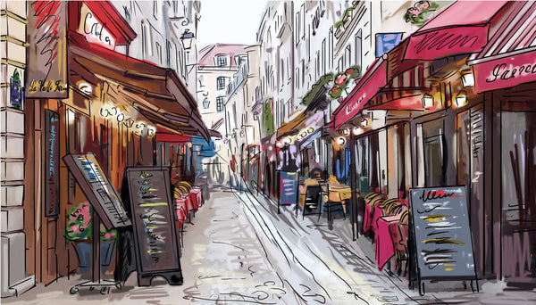 Fresco artwork of a Parisian street scene with cafe-lined alleyways, hand-painted in Italy on plaster sheets using Carrara marble and travertine powder.