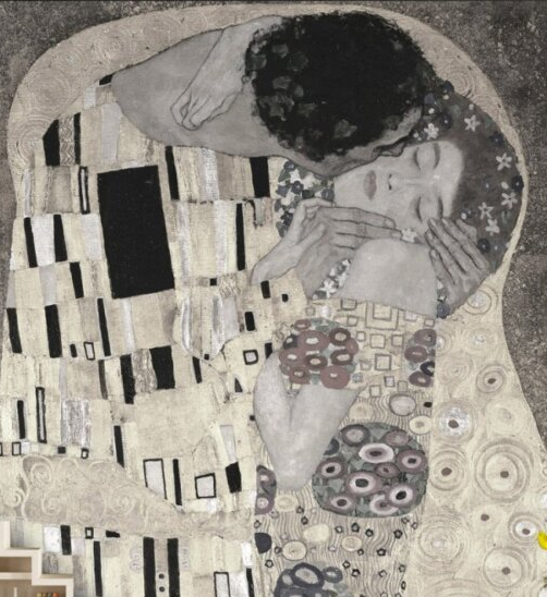 A fresco mural of Gustav Klimt's The Kiss in subtle monochromatic tones, featuring an intricate blend of patterns and crafted with Italian plaster for a luxurious finish.