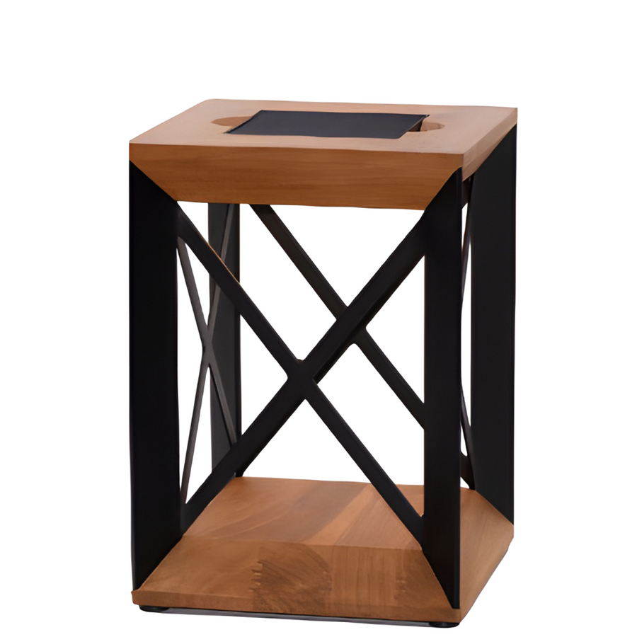 Wooden solar lantern with black metal cross-bracing on a white background
