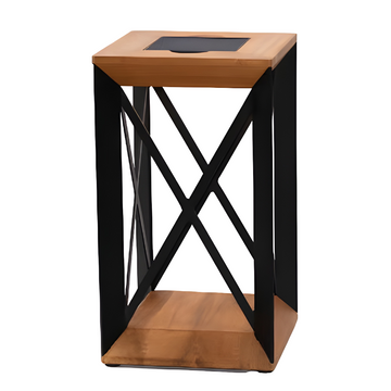 Wooden solar lanters with black metal frame on a white background