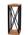 Solar lantern pedestal with black metal frame on a white background