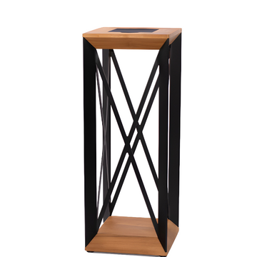 Solar lantern pedestal with black metal frame on a white background