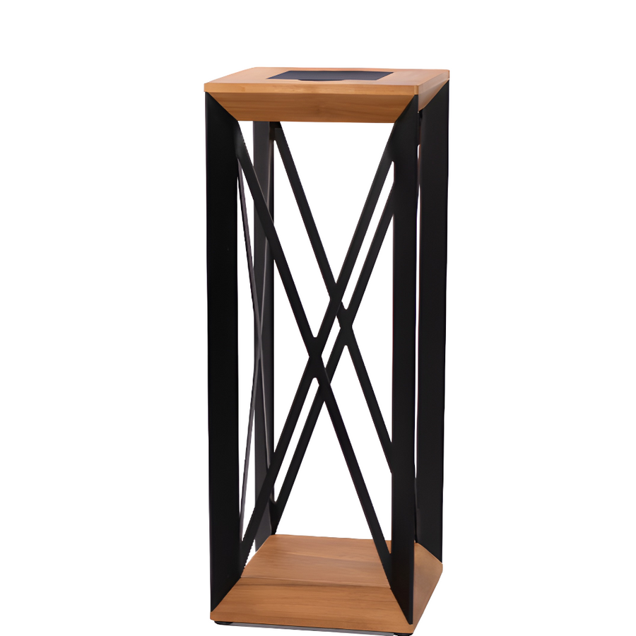 Solar lantern pedestal with black metal frame on a white background